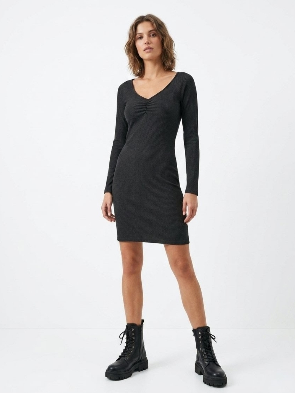 Project Social T Ribbed Long Sleeve Bodycon Mini Dress Black Medium FemGoth Emo